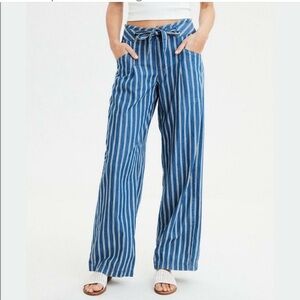 American Eagle Striped Blue Wide Leg Pants High Rise 12